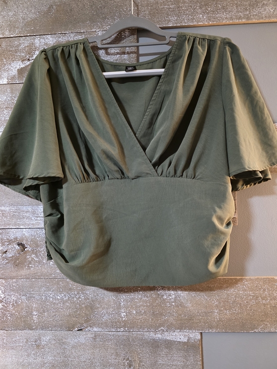 SHEIN Tops - SHEIN Olive Green V-Neck Flutter Sleeve Wrap Top